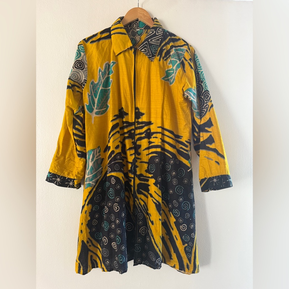 Yellow Blue Women's Zip Up Long Duster from Indonesia